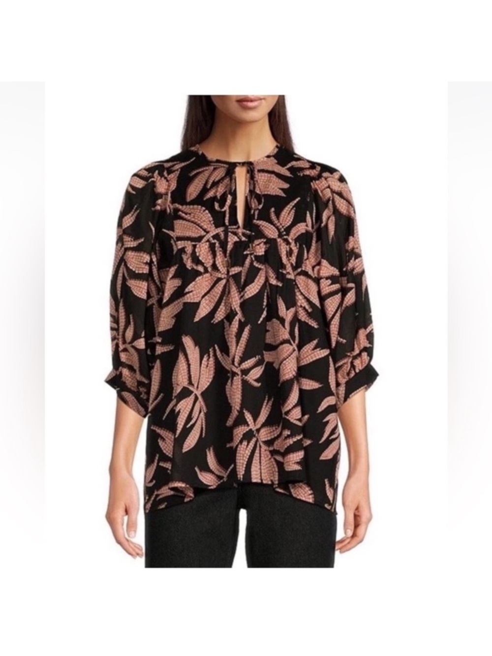J Marie Women M 100% Cotton Blouse Black Boho Leaf Print Chic Trendy Cottagecore